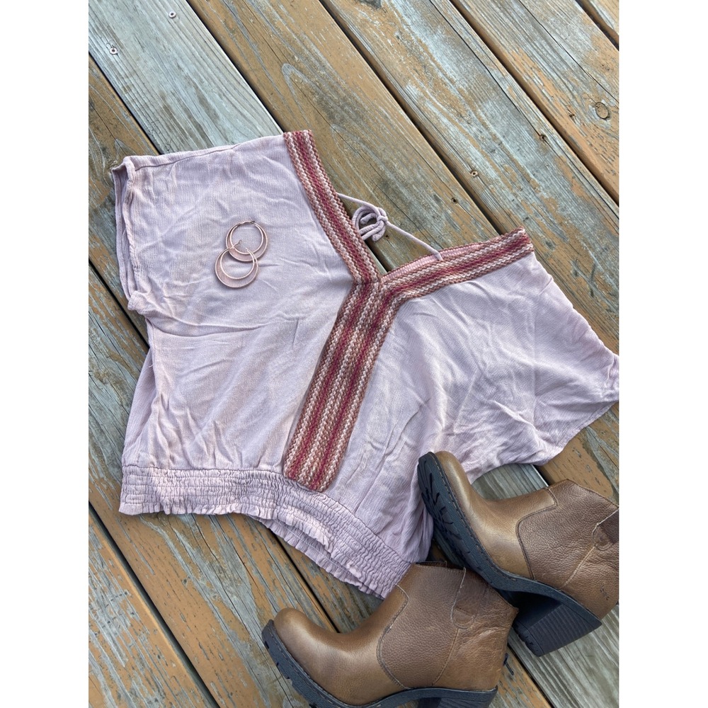 Hem & Thread Mauve Pink Boho Smocked Crop Top V-Neck Knit Trim Small Coquette